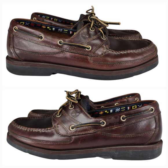 Timberland Boat Shoes sz 11.5 Mens Classic 2 Eye Brown Leather Slip On Loafers - Picture 2 of 11